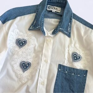 Vintage 80s 90s White Shirt Denim Hearts Rhinestones Las Olas Dolly Vibe